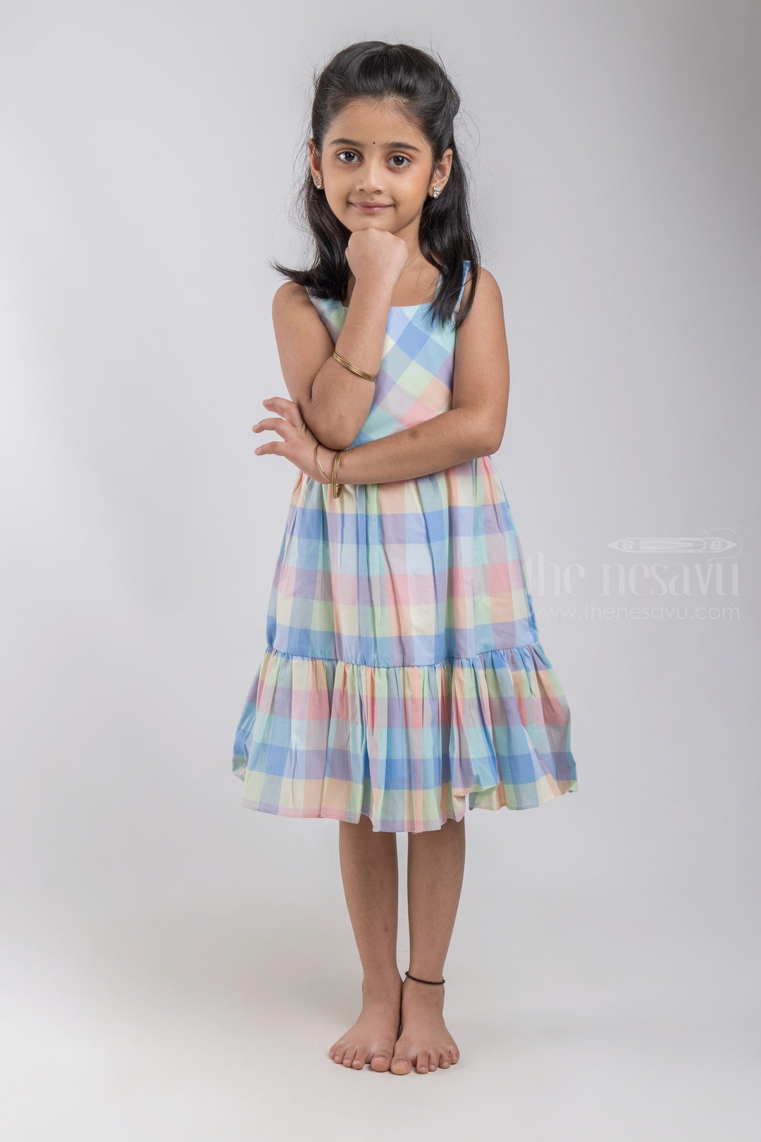 The Nesavu Girls Cotton Frock Nesavu Layered Pastel Colour Madras Checks Frock with Broad Strap and Bows For Girls GFC1093A psr silks Nesavu