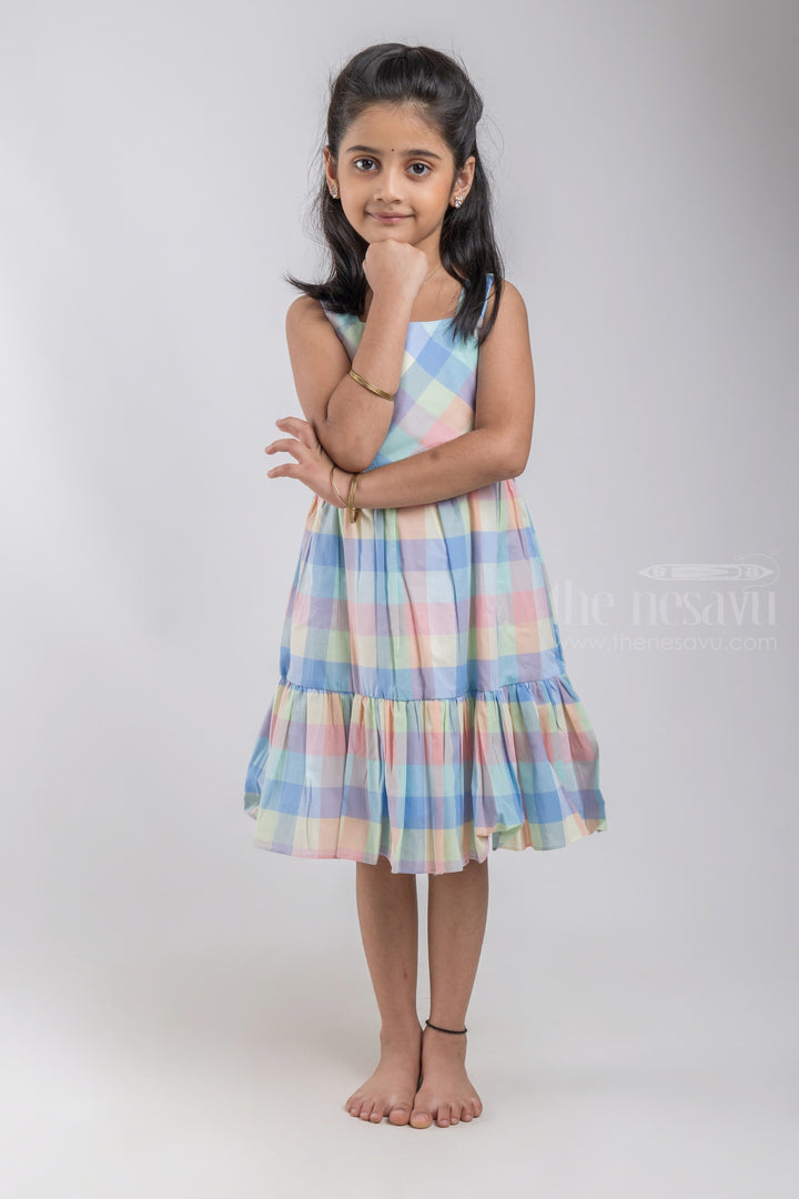 The Nesavu Girls Cotton Frock Nesavu Layered Pastel Colour Madras Checks Frock with Broad Strap and Bows For Girls GFC1093A psr silks Nesavu