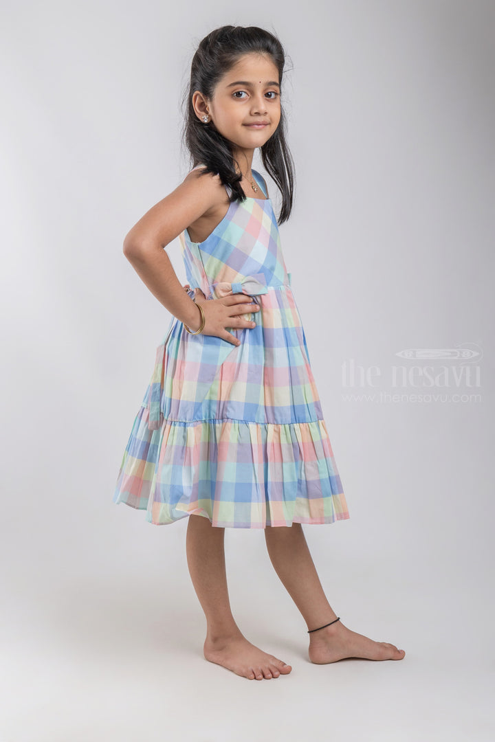The Nesavu Girls Cotton Frock Nesavu Layered Pastel Colour Madras Checks Frock with Broad Strap and Bows For Girls GFC1093A psr silks Nesavu