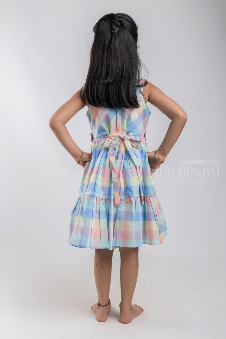 The Nesavu Girls Cotton Frock Nesavu Layered Pastel Colour Madras Checks Frock with Broad Strap and Bows For Girls GFC1093A psr silks Nesavu