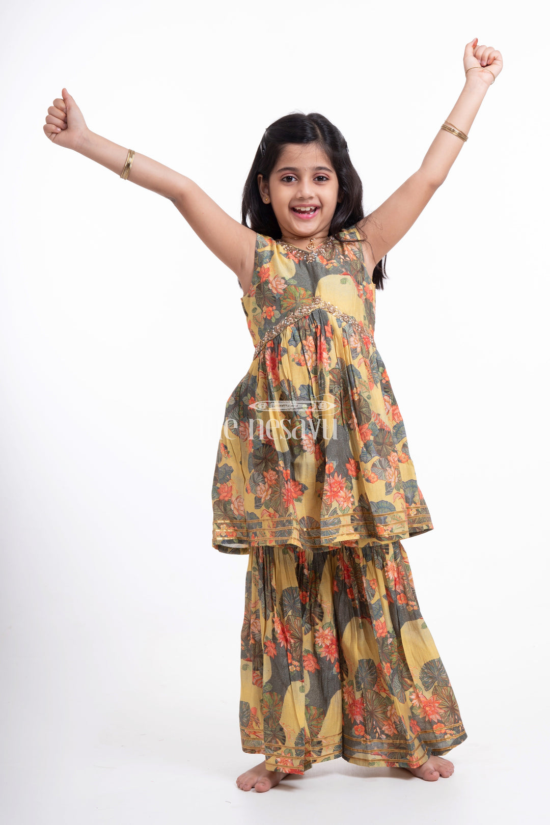 Nesavu Modal Silk Printed Sharara Plazo Dress Design for Girls Dussehra Special Hand Embroidered