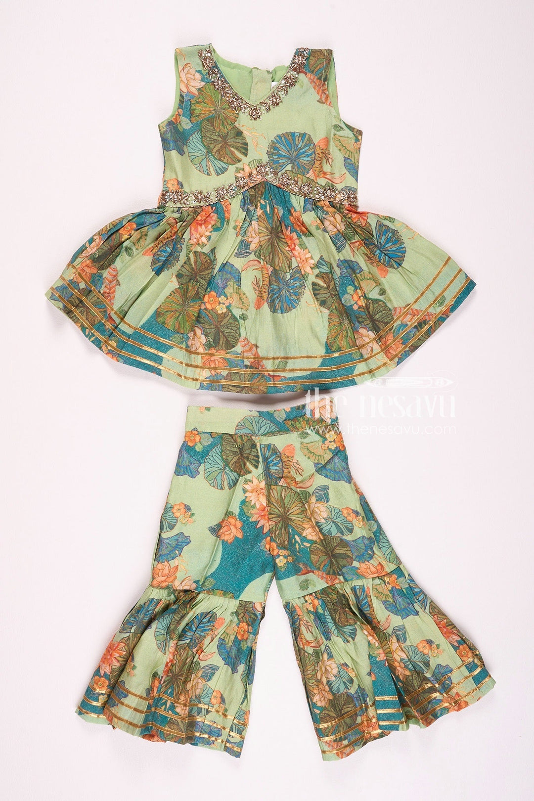 The Nesavu Girls Sharara / Plazo Set Nesavu Modal Silk Printed Sharara Plazo Party Wear Dress for Girls Navratri Special Nesavu 16 (1Y) / Green GPS312B-16 Nesavu Modal Silk Sharara Plazo Party Wear Dress for Girls | Navratri Special
