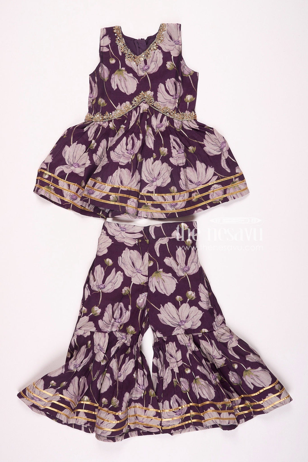 The Nesavu Girls Sharara / Plazo Set Nesavu Modal Silk Printed Sleeveless Sharara Set for Girls Navratri Festive Wear Nesavu 16 (1Y) / Purple GPS308A-16 Nesavu Modal Silk Sleeveless Sharara Set for Girls | Navratri Festive Wear