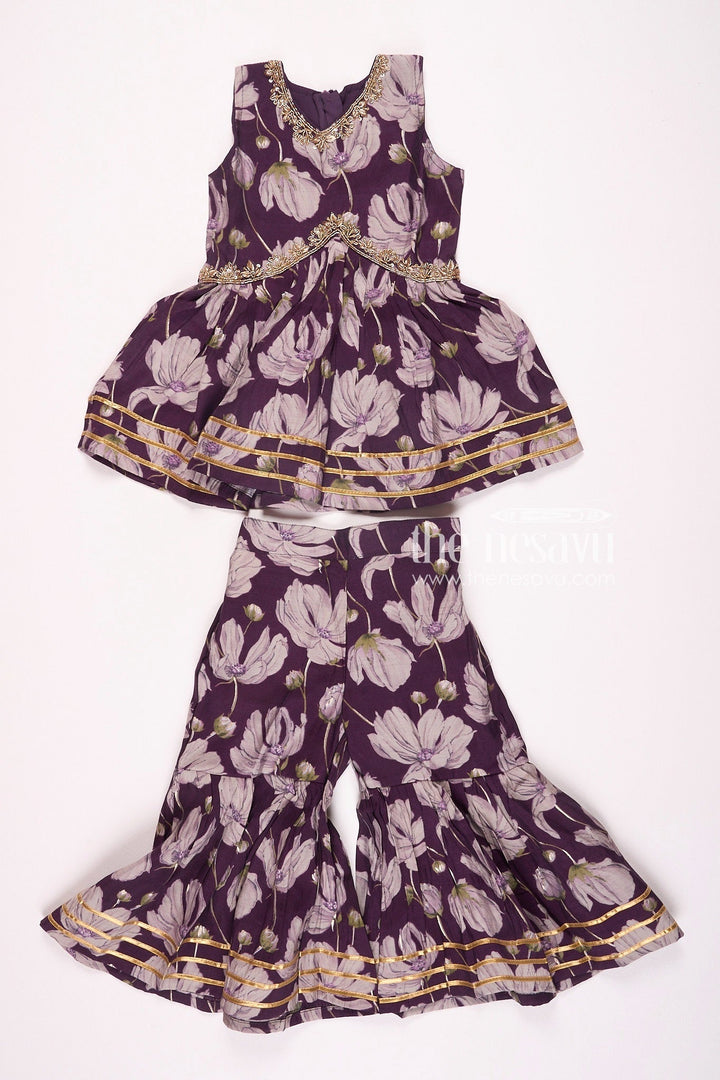 The Nesavu Girls Sharara / Plazo Set Nesavu Modal Silk Printed Sleeveless Sharara Set for Girls Navratri Festive Wear Nesavu 16 (1Y) / Purple GPS308A-16 Nesavu Modal Silk Sleeveless Sharara Set for Girls | Navratri Festive Wear