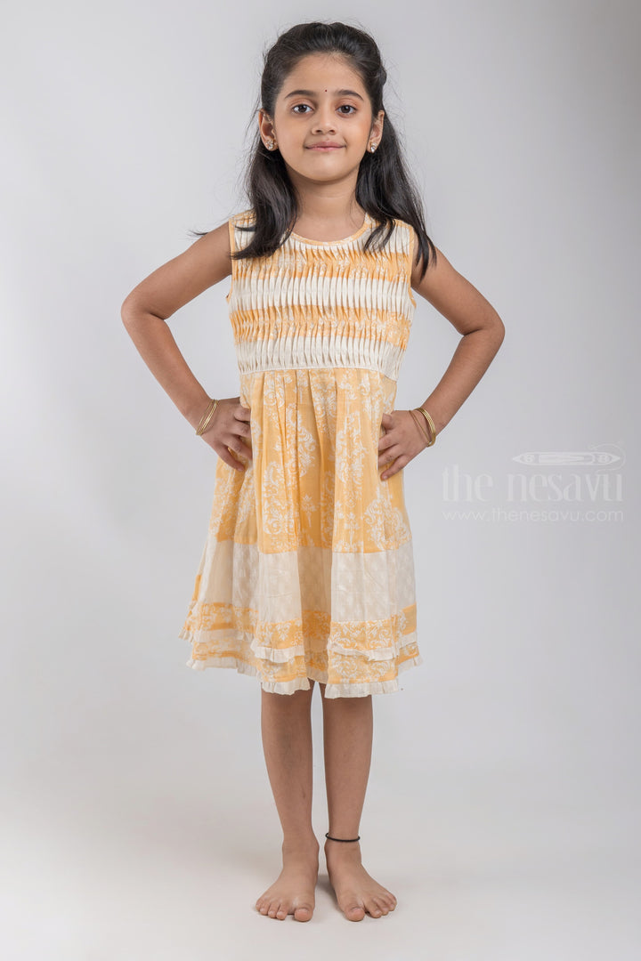 The Nesavu Girls Cotton Frock Nesavu Yellow Baby Frock With Pleated Yoke Neck psr silks Nesavu 16 (1Y) / Yellow / Cotton GFC630