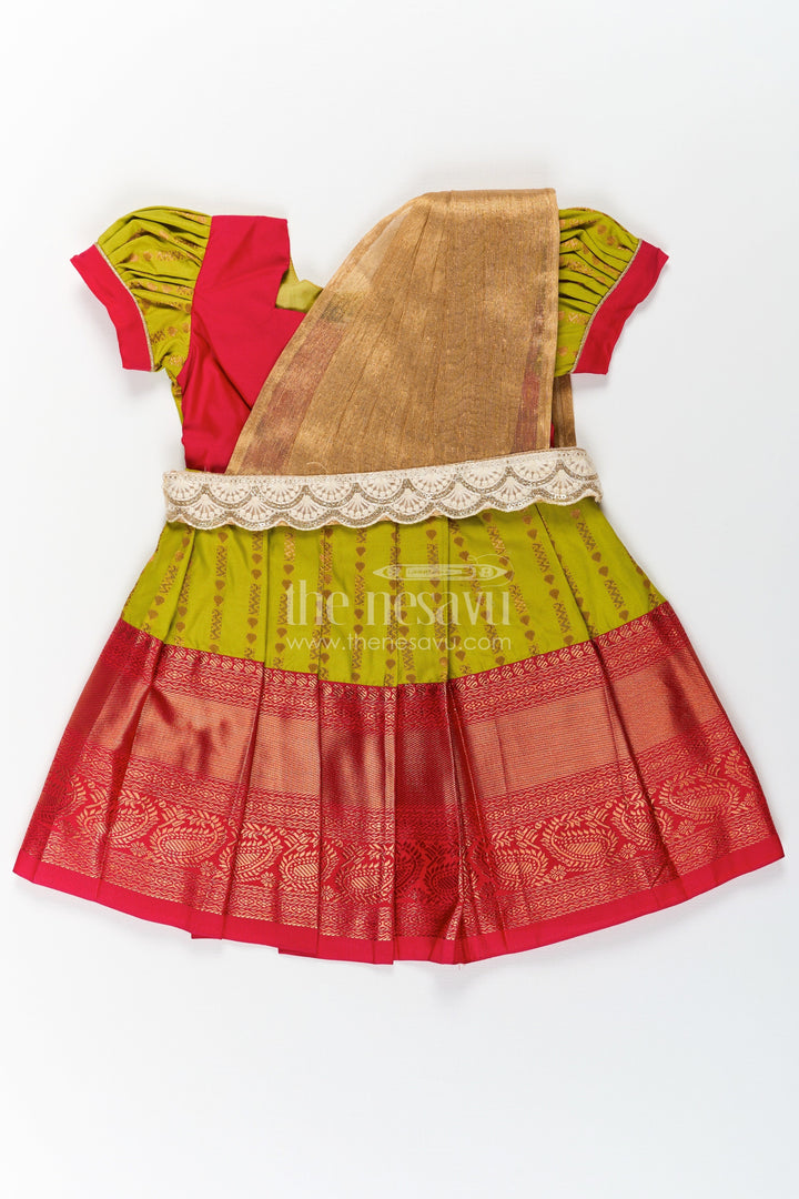 The Nesavu Girls Kanchi Silk Frock New Born Baby Frock in Semi Kanchivaram Silk with Thread Embroidery and Lace Embellished Dupatta Nesavu 14 (6M) / Green / Style 3 SF830AC-14 New Born Baby Frock in Semi Kanchivaram Silk with Embroidery and Golden Lace Dupatta | The Nesavu