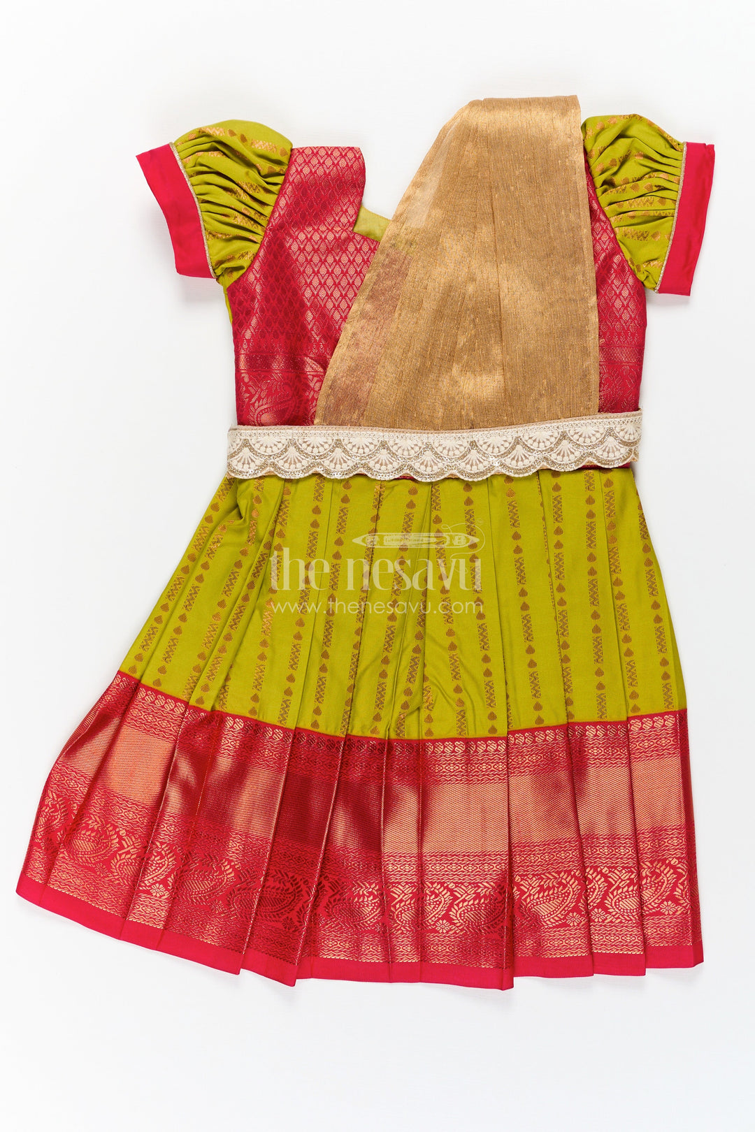 The Nesavu Girls Kanchi Silk Frock New Born Baby Frock in Semi Kanchivaram Silk with Thread Embroidery and Lace Embellished Dupatta Nesavu 20 (3Y) / Green / Style 2 SF830AB-20 Nesavu New Born Baby Frock in Semi Kanchivaram Silk with Embroidery and Golden Lace Dupatta