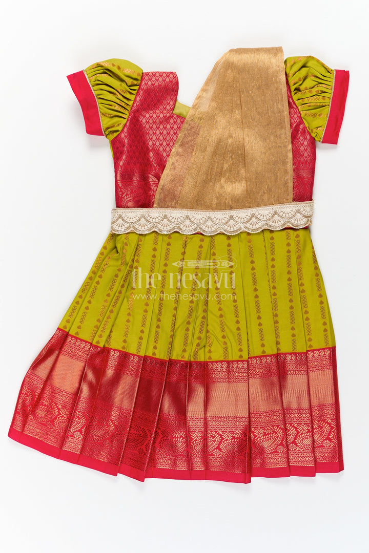The Nesavu Girls Kanchi Silk Frock New Born Baby Frock in Semi Kanchivaram Silk with Thread Embroidery and Lace Embellished Dupatta Nesavu 20 (3Y) / Green / Style 2 SF830AB-20 Nesavu New Born Baby Frock in Semi Kanchivaram Silk with Embroidery and Golden Lace Dupatta