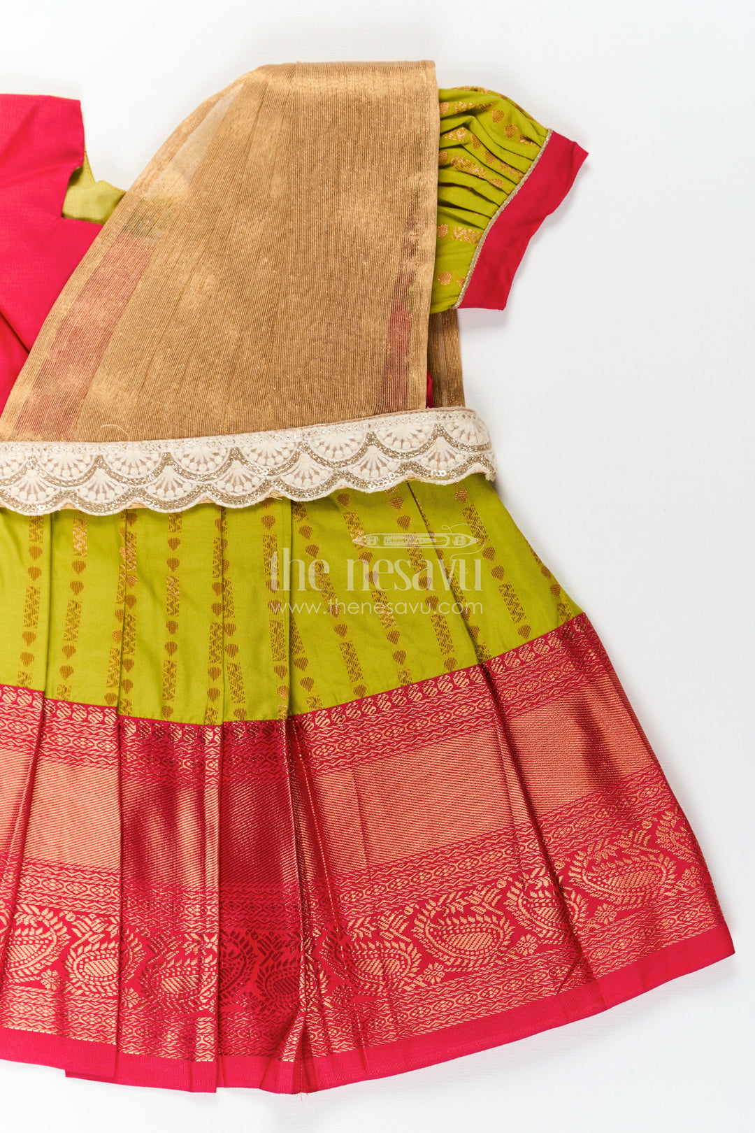 The Nesavu Girls Kanchi Silk Frock New Born Baby Frock in Semi Kanchivaram Silk with Thread Embroidery and Lace Embellished Dupatta Nesavu Nesavu New Born Baby Frock in Semi Kanchivaram Silk with Embroidery and Golden Lace Dupatta