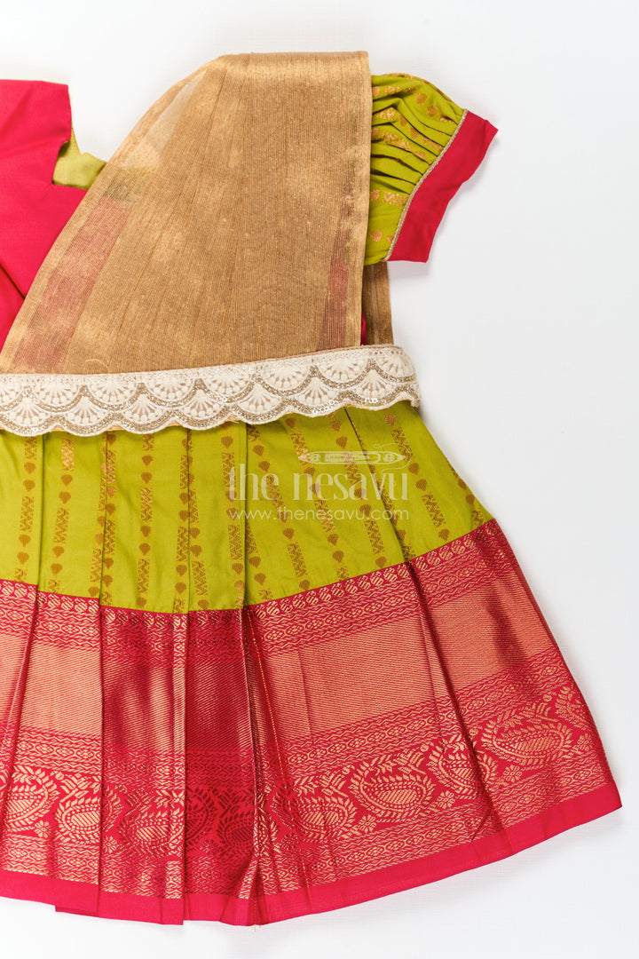 The Nesavu Girls Kanchi Silk Frock New Born Baby Frock in Semi Kanchivaram Silk with Thread Embroidery and Lace Embellished Dupatta Nesavu Nesavu New Born Baby Frock in Semi Kanchivaram Silk with Embroidery and Golden Lace Dupatta