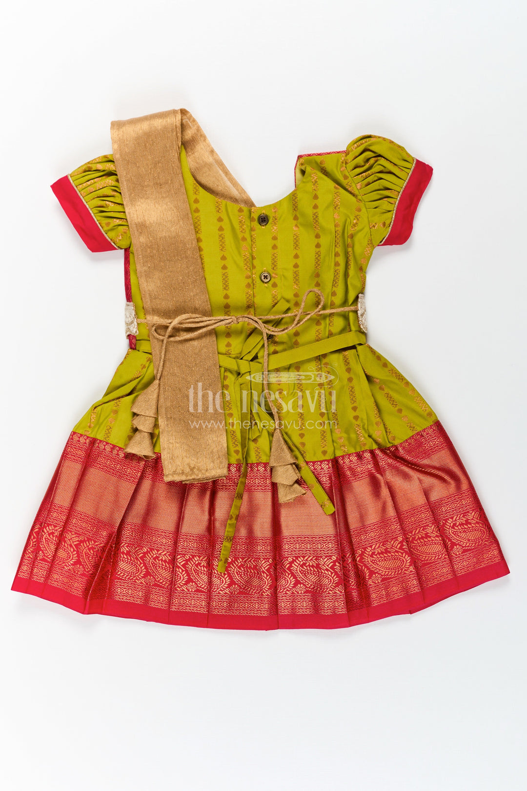 The Nesavu Girls Kanchi Silk Frock New Born Baby Frock in Semi Kanchivaram Silk with Thread Embroidery and Lace Embellished Dupatta Nesavu Nesavu New Born Baby Frock in Semi Kanchivaram Silk with Embroidery and Golden Lace Dupatta