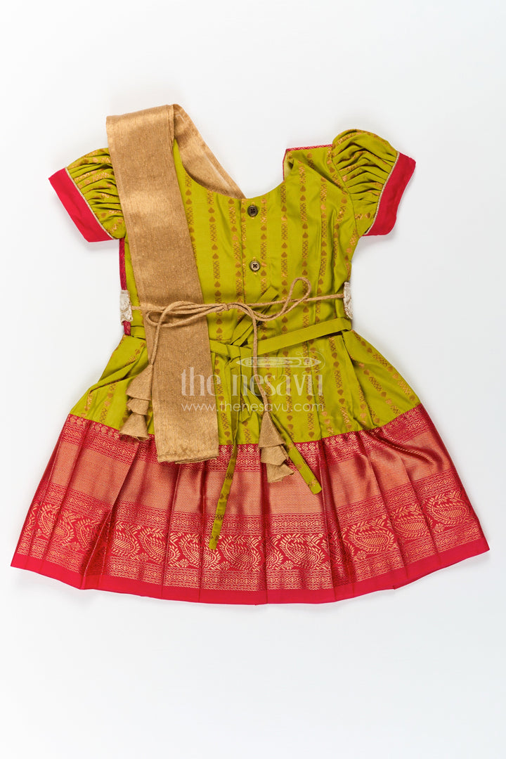 The Nesavu Girls Kanchi Silk Frock New Born Baby Frock in Semi Kanchivaram Silk with Thread Embroidery and Lace Embellished Dupatta Nesavu Nesavu New Born Baby Frock in Semi Kanchivaram Silk with Embroidery and Golden Lace Dupatta