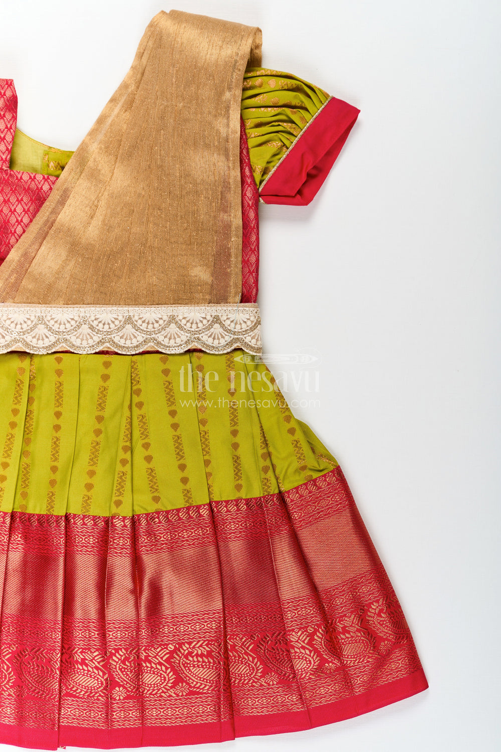 The Nesavu Girls Kanchi Silk Frock New Born Baby Frock in Semi Kanchivaram Silk with Thread Embroidery and Lace Embellished Dupatta Nesavu Nesavu New Born Baby Frock in Semi Kanchivaram Silk with Embroidery and Golden Lace Dupatta