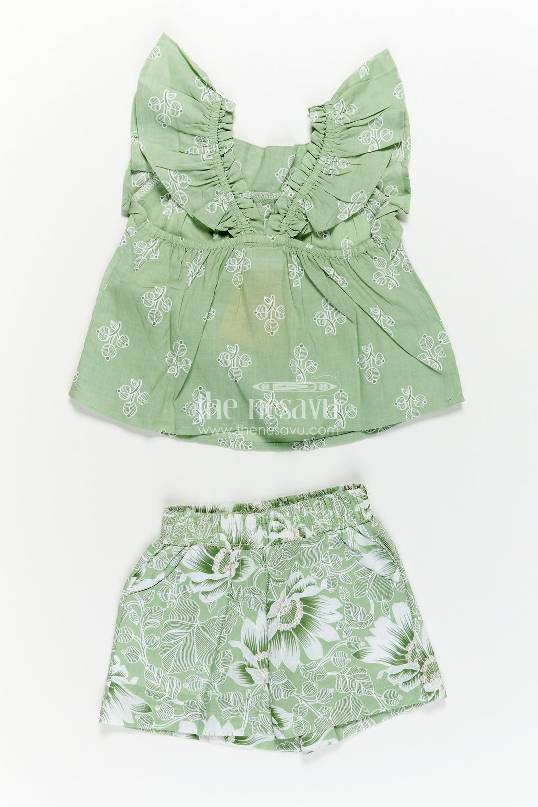 The Nesavu Baby Casual Sets New Born Outfit in Soft Cotton with Green Leaf Digital Print and Matching Ruffle-Sleeve Top and Shorts Nesavu New Born Outfit Cotton Green Floral Printed Sleeveless Top Matching Shorts Set | The Nesavu