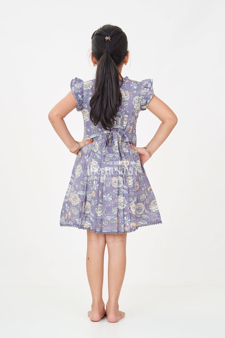 The Nesavu Girls Cotton Frock New Designer Frock for Girls in Navy Blue Floral Printed Cotton with Pleats and Ruffles Nesavu Nesavu New Designer Frock Girls Navy Blue Floral Cotton Ruffles Embellished Yoke