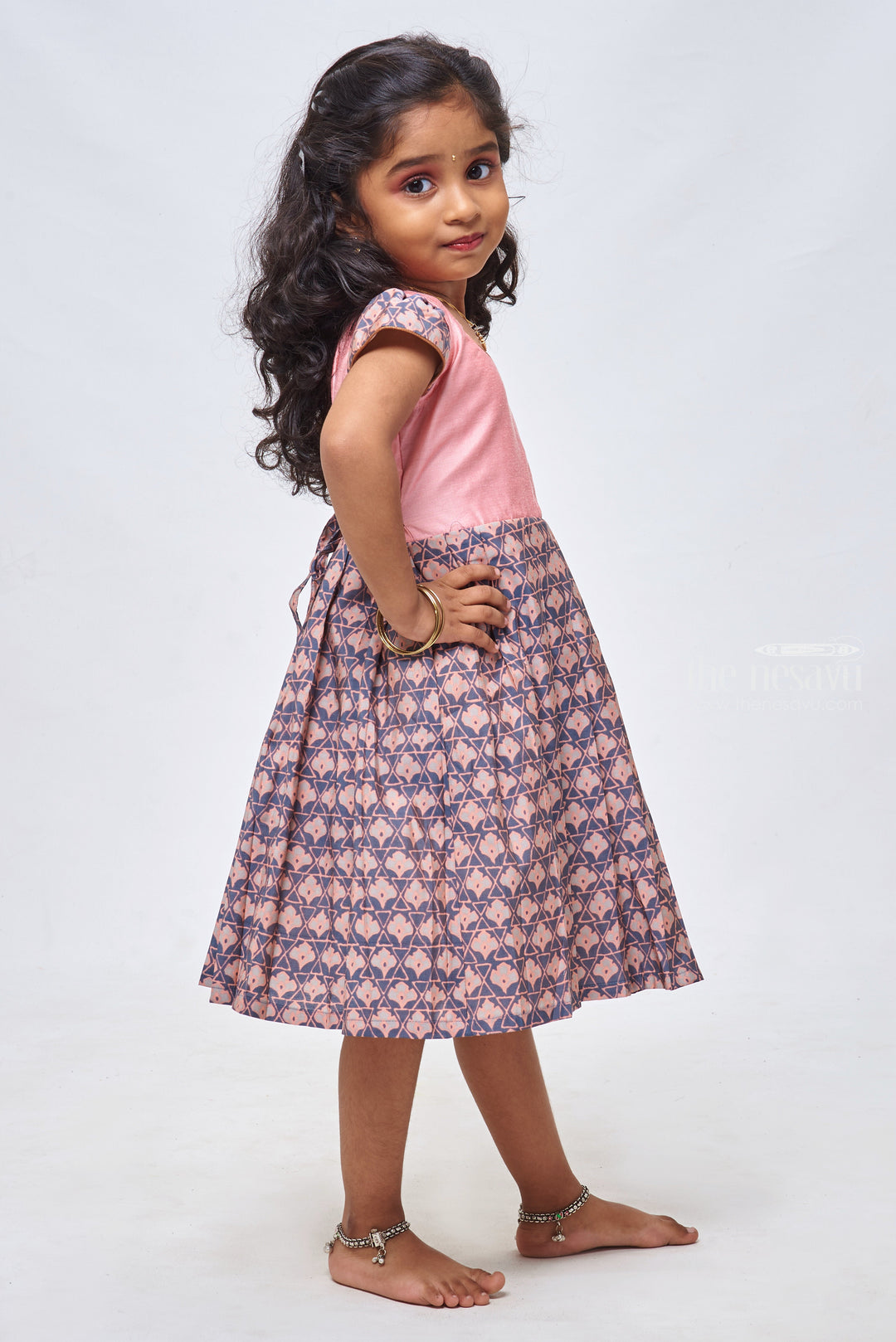 The Nesavu Girls Cotton Frock New Designs Frock - Gray Floral Elegance Cotton Frock with Pink Yoke for Girls Nesavu Designer Frock Cotton | Frocks and Gowns cotton | The Nesavu