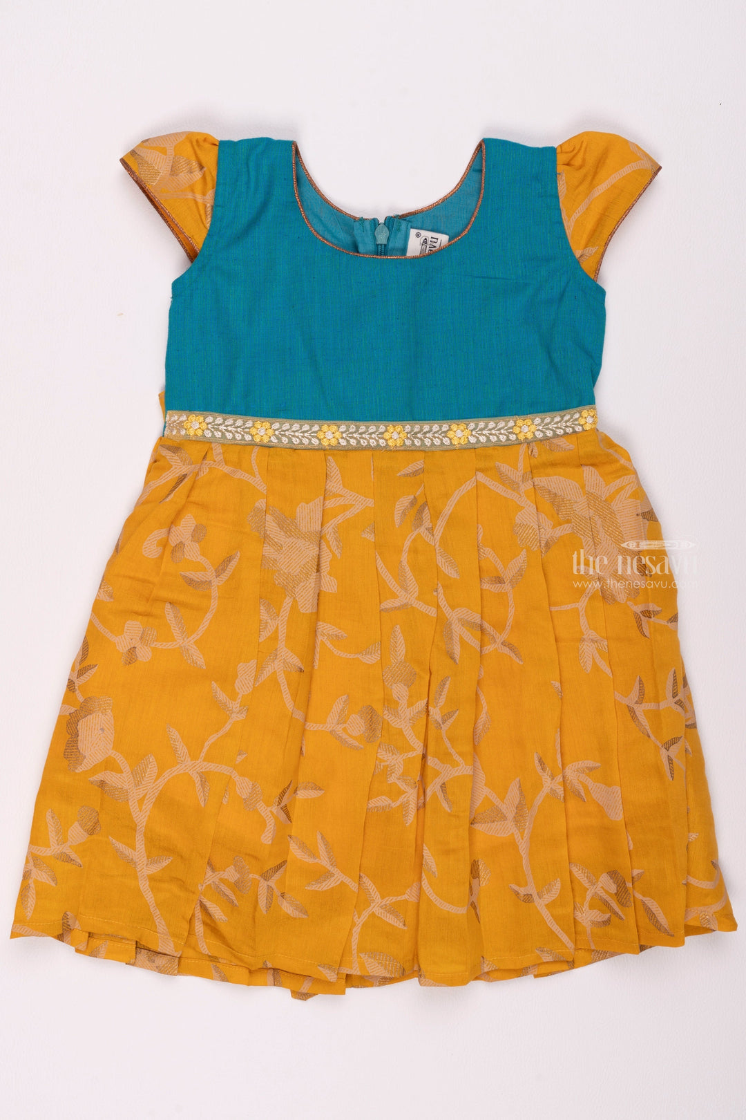 The Nesavu Girls Cotton Frock New Designs of Frocks - Yellow Floral Beauty Cotton Frock with Blue Yoke for Girls Nesavu 16 (1Y) / Yellow / Chanderi GFC1134A-16 Knee-length Cotton Frock | Baby Frock Cotton | The Nesavu