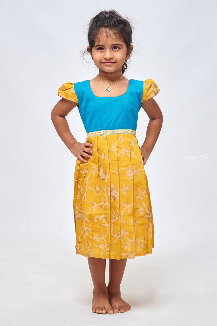 The Nesavu Girls Cotton Frock New Designs of Frocks - Yellow Floral Beauty Cotton Frock with Blue Yoke for Girls Nesavu 16 (1Y) / Yellow / Chanderi GFC1134A-16 Knee-length Cotton Frock | Baby Frock Cotton | The Nesavu