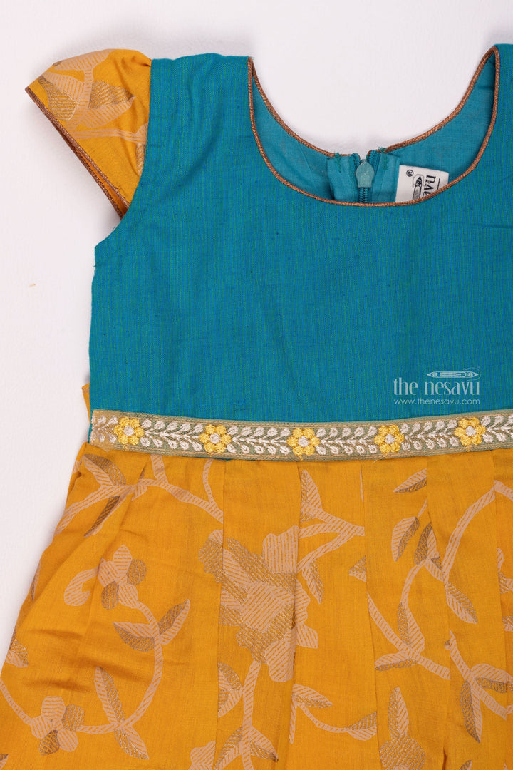 The Nesavu Girls Cotton Frock New Designs of Frocks - Yellow Floral Beauty Cotton Frock with Blue Yoke for Girls Nesavu Knee-length Cotton Frock | Baby Frock Cotton | The Nesavu