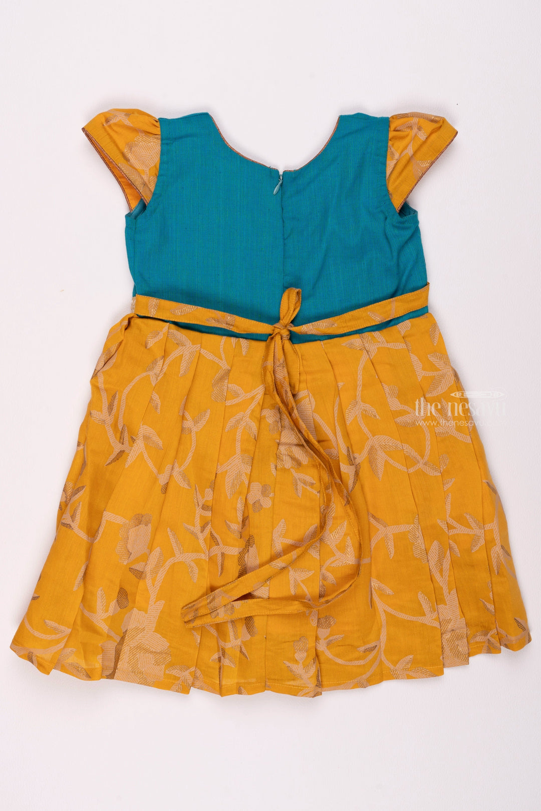 The Nesavu Girls Cotton Frock New Designs of Frocks - Yellow Floral Beauty Cotton Frock with Blue Yoke for Girls Nesavu Knee-length Cotton Frock | Baby Frock Cotton | The Nesavu