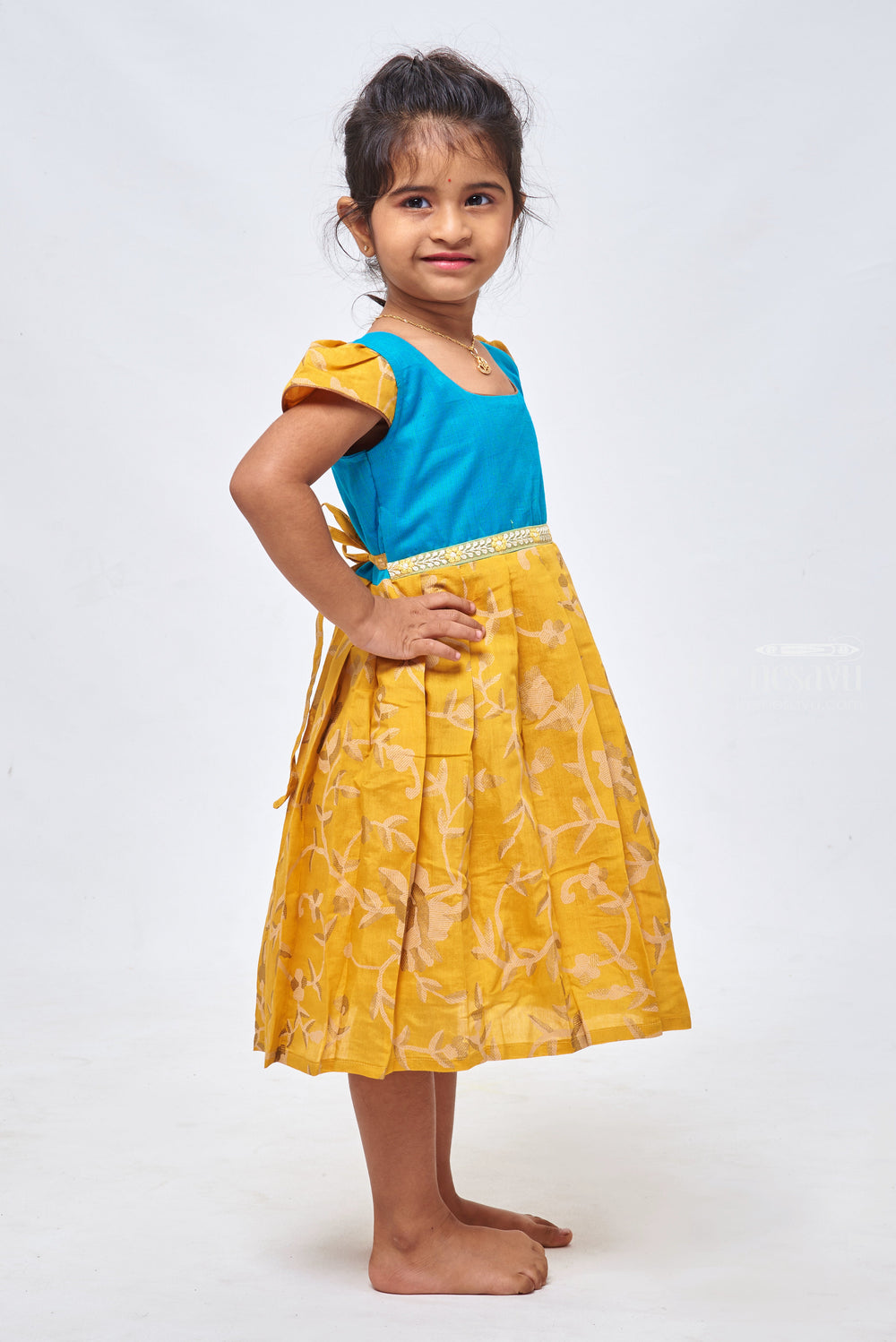 The Nesavu Girls Cotton Frock New Designs of Frocks - Yellow Floral Beauty Cotton Frock with Blue Yoke for Girls Nesavu Knee-length Cotton Frock | Baby Frock Cotton | The Nesavu