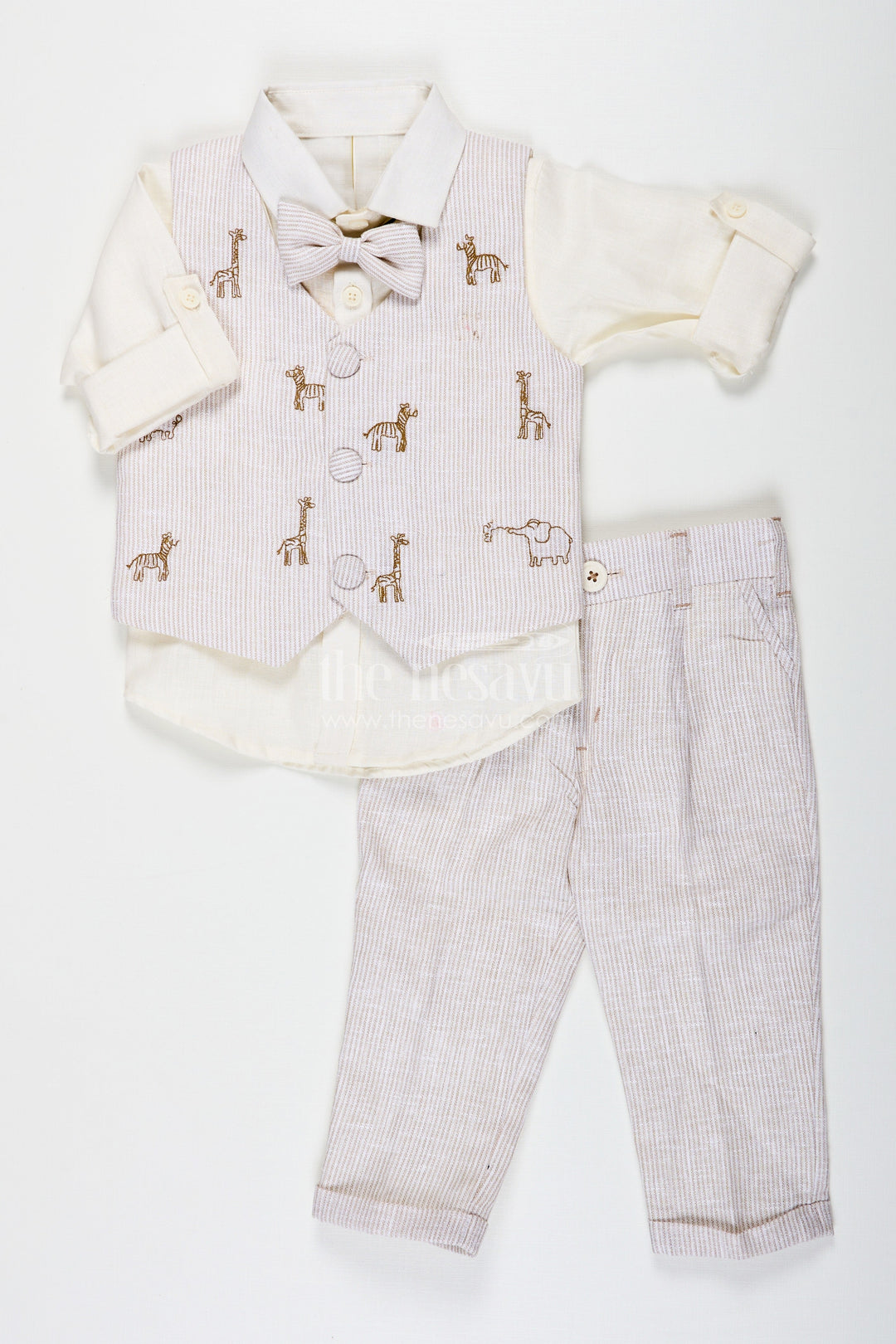 The Nesavu Boys Jacket Sets New Fashion Shirt Set for Boys with Cotton Animal Print Jacket and Coordinated Striped Bottoms Nesavu 16 (1Y) / Cream BCS224B-16 Nesavu New Fashion Shirt Boys Set with Animal Digital Print Jacket and Soft Cotton Striped Fabric