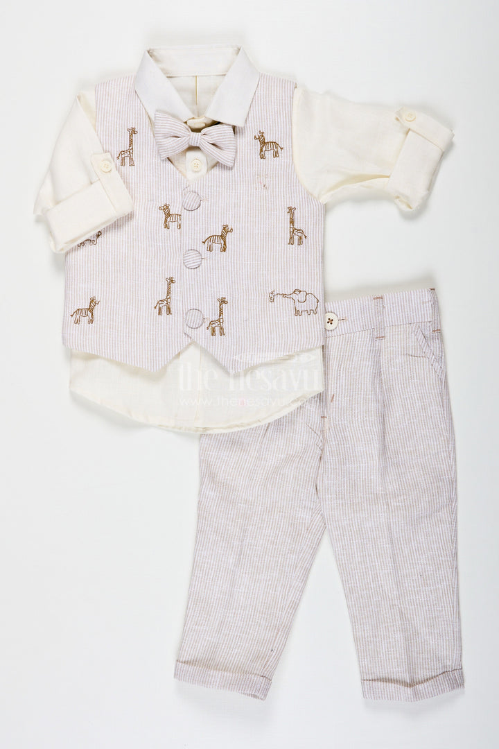 The Nesavu Boys Jacket Sets New Fashion Shirt Set for Boys with Cotton Animal Print Jacket and Coordinated Striped Bottoms Nesavu 16 (1Y) / Cream BCS224B-16 Nesavu New Fashion Shirt Boys Set with Animal Digital Print Jacket and Soft Cotton Striped Fabric