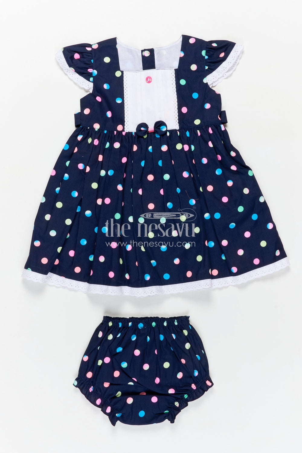 The Nesavu Baby Cotton Frocks Newborn Black Dress with Polka Dot Digital Print and Lace Trimmed Sleeves for Baby Girls Nesavu 14 (6M) / Black BFJ806B-14 Nesavu Newborn Black Dress Multicolor Polka Dots Soft Cotton Lace Trim Baby Girls