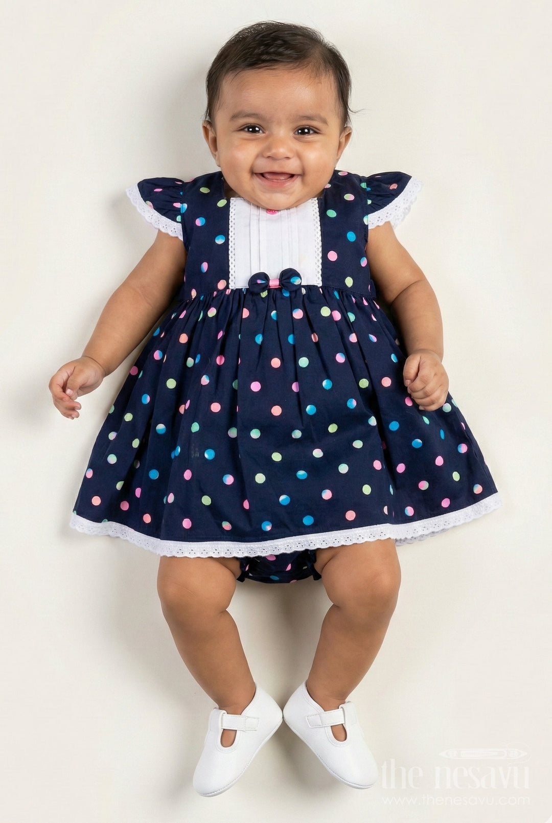 The Nesavu Baby Cotton Frocks Newborn Black Dress with Polka Dot Digital Print and Lace Trimmed Sleeves for Baby Girls Nesavu 14 (6M) / Navy blue BFJ806B-14 Nesavu Newborn Black Dress Multicolor Polka Dots Soft Cotton Lace Trim Baby Girls