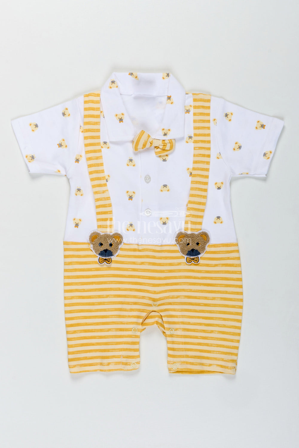 The Nesavu Baby Rompers/Onesies Newborn Boy Romper for Party in Yellow Striped Cotton Jersey with Bear Suspenders and Bow Tie Nesavu 12 (3M) / Yellow BCS317A-12 Nesavu Newborn Boy Romper Party Yellow Stripes Bear Suspenders Cotton Jersey Bow Tie