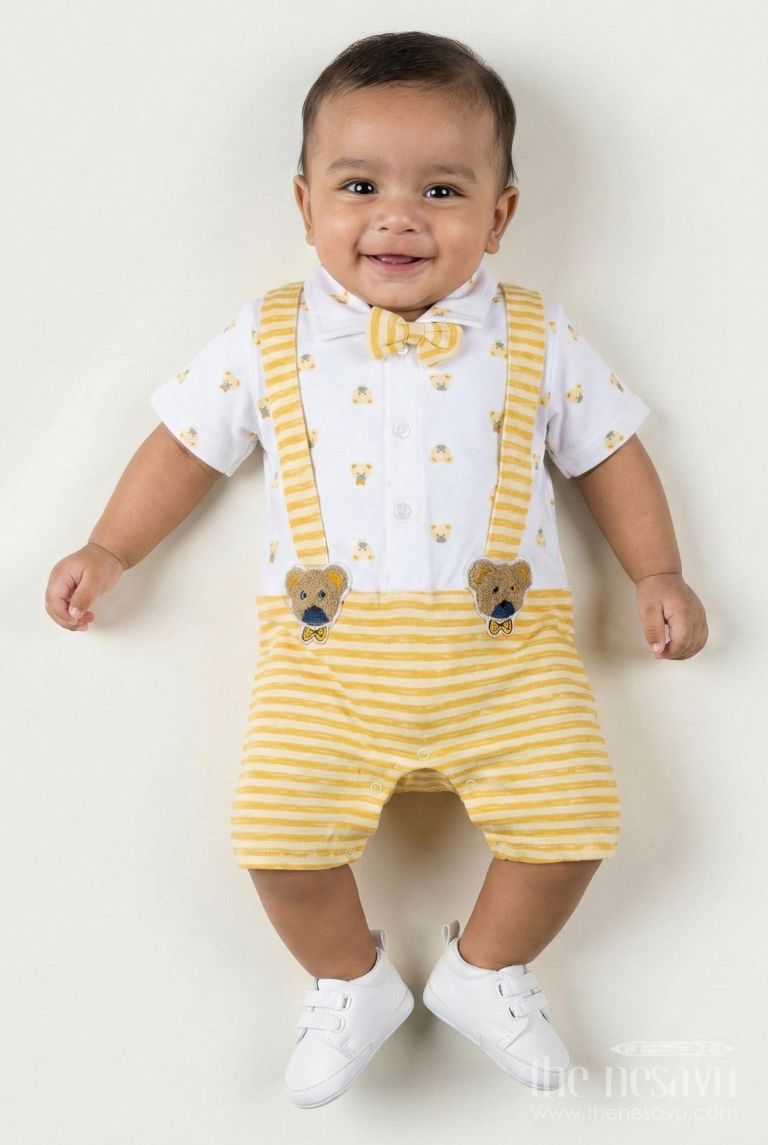 The Nesavu Baby Rompers/Onesies Newborn Boy Romper for Party in Yellow Striped Cotton Jersey with Bear Suspenders and Bow Tie Nesavu 12 (3M) / Yellow BCS317A-12 Nesavu Newborn Boy Romper Party Yellow Stripes Bear Suspenders Cotton Jersey Bow Tie