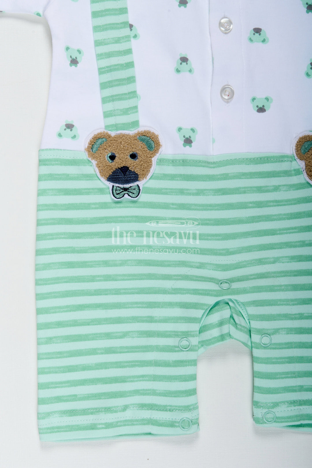 The Nesavu Baby Rompers/Onesies Newborn Boy Romper for Photoshoot in Mint Green Cotton Jersey with Cute Bear Details and Bow Tie Nesavu Nesavu Newborn Boy Romper Photoshoot Mint Green Bear Print Bow Tie Suspenders
