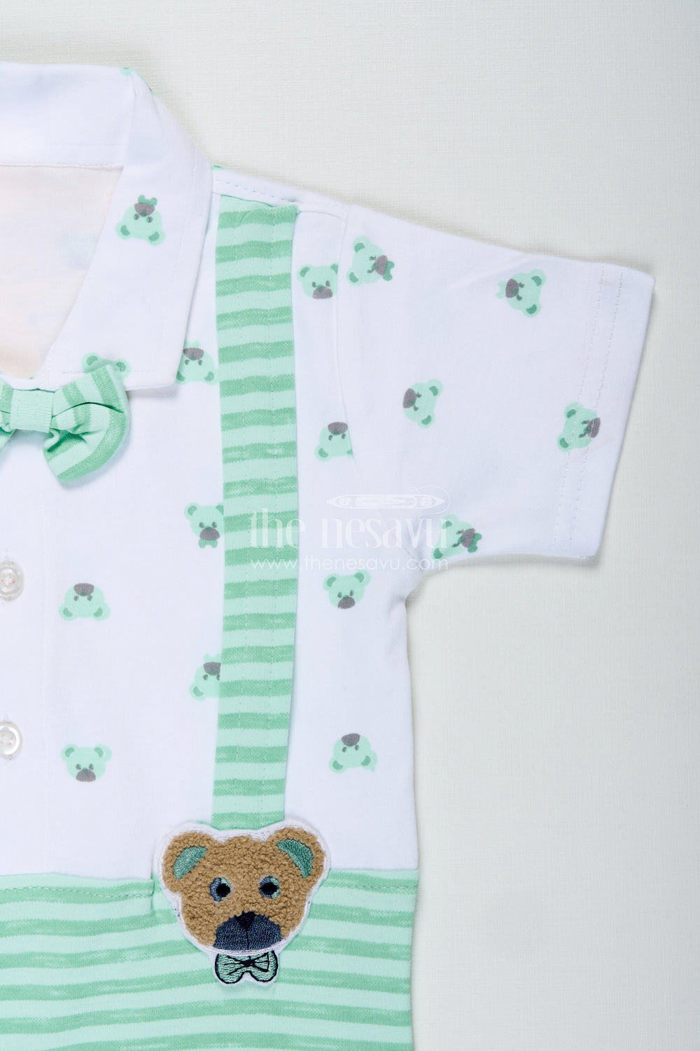 The Nesavu Baby Rompers/Onesies Newborn Boy Romper for Photoshoot in Mint Green Cotton Jersey with Cute Bear Details and Bow Tie Nesavu Nesavu Newborn Boy Romper Photoshoot Mint Green Bear Print Bow Tie Suspenders
