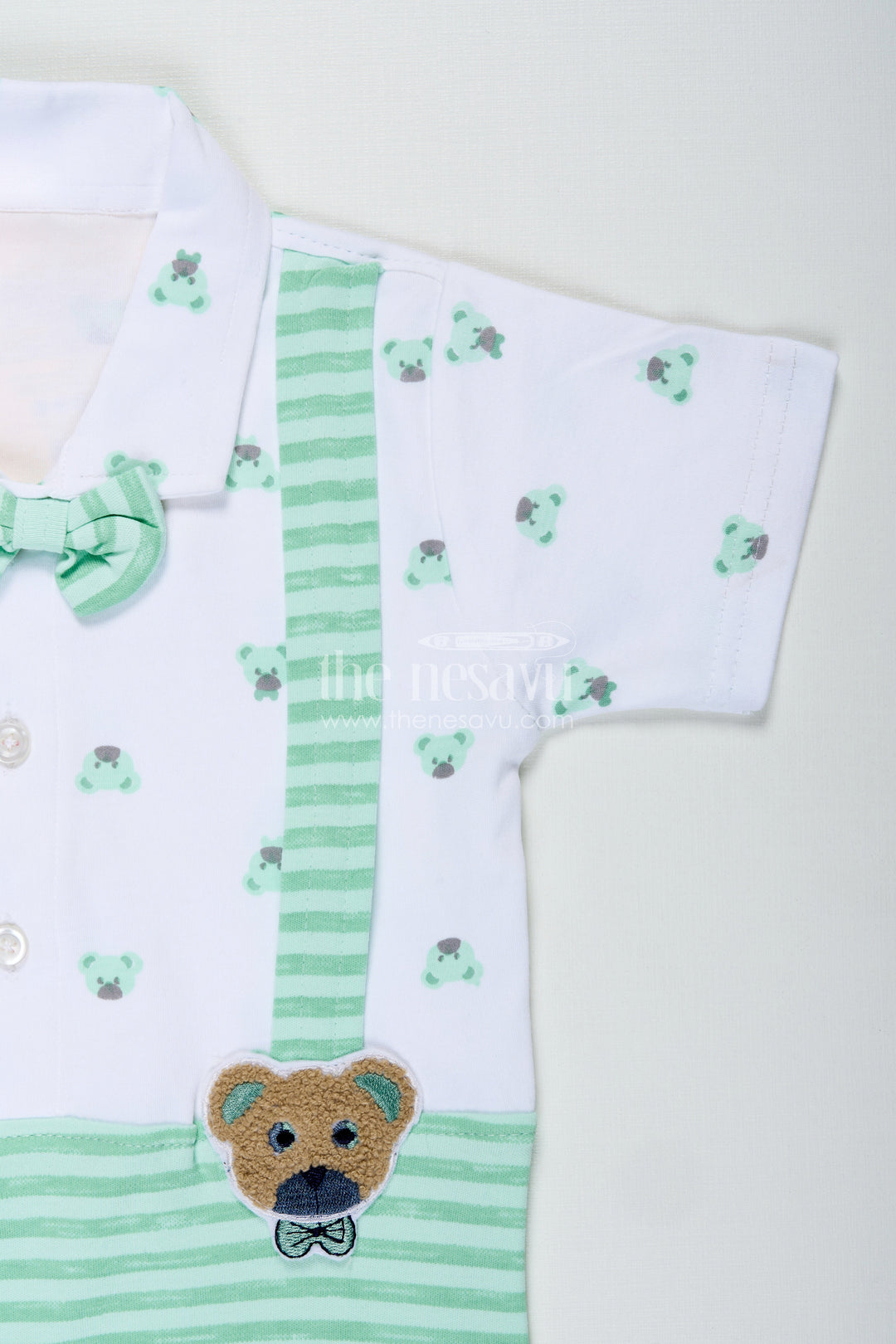 The Nesavu Baby Rompers/Onesies Newborn Boy Romper for Photoshoot in Mint Green Cotton Jersey with Cute Bear Details and Bow Tie Nesavu Nesavu Newborn Boy Romper Photoshoot Mint Green Bear Print Bow Tie Suspenders