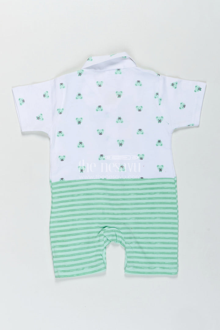 The Nesavu Baby Rompers/Onesies Newborn Boy Romper for Photoshoot in Mint Green Cotton Jersey with Cute Bear Details and Bow Tie Nesavu Nesavu Newborn Boy Romper Photoshoot Mint Green Bear Print Bow Tie Suspenders