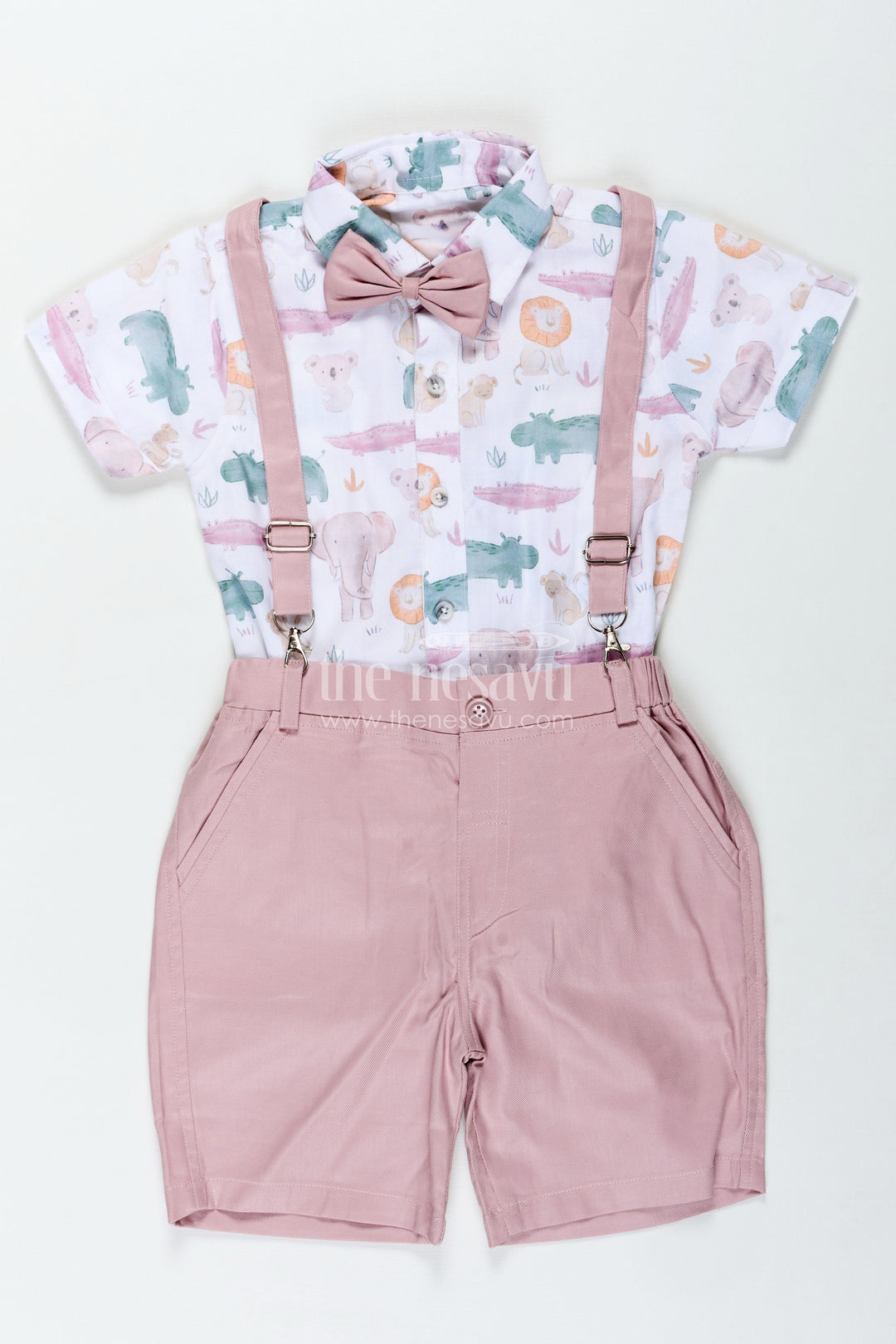 The Nesavu Boys Casual Set Newborn Cloth Set for Boys in Cotton with Animal Digital Print Shirt and Dusty Pink Shorts with Suspenders Nesavu 18 (2Y) / Peach BCS318B-18 Nesavu Newborn Cloth Set Boys Safari Animal Print Shirt Pink Shorts Bow Tie