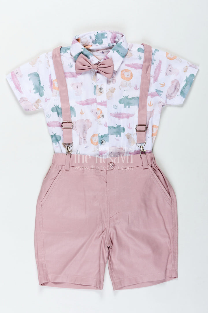 The Nesavu Boys Casual Set Newborn Cloth Set for Boys in Cotton with Animal Digital Print Shirt and Dusty Pink Shorts with Suspenders Nesavu 18 (2Y) / Peach BCS318B-18 Nesavu Newborn Cloth Set Boys Safari Animal Print Shirt Pink Shorts Bow Tie