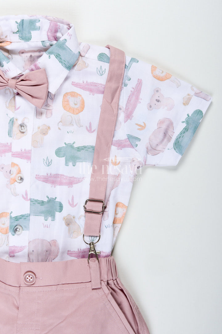 The Nesavu Boys Casual Set Newborn Cloth Set for Boys in Cotton with Animal Digital Print Shirt and Dusty Pink Shorts with Suspenders Nesavu Nesavu Newborn Cloth Set Boys Safari Animal Print Shirt Pink Shorts Bow Tie