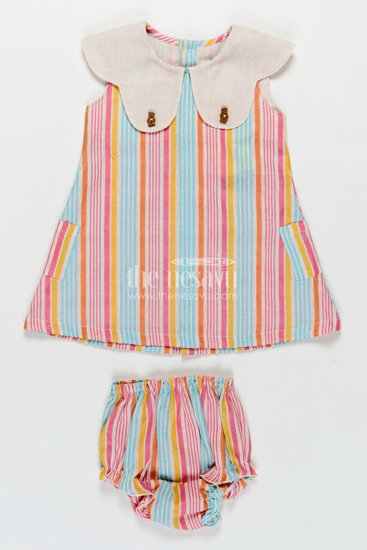 The Nesavu Baby Cotton Frocks Newborn Clothes Set in Multicolor Striped Cotton with Oversized Collar and Playful Design for Baby Girls Nesavu 12 (3M) / Multicolor BFJ805A-12 Nesavu Multicolor Striped Cotton Newborn Clothes Set Oversized Collar Matching Bloomers