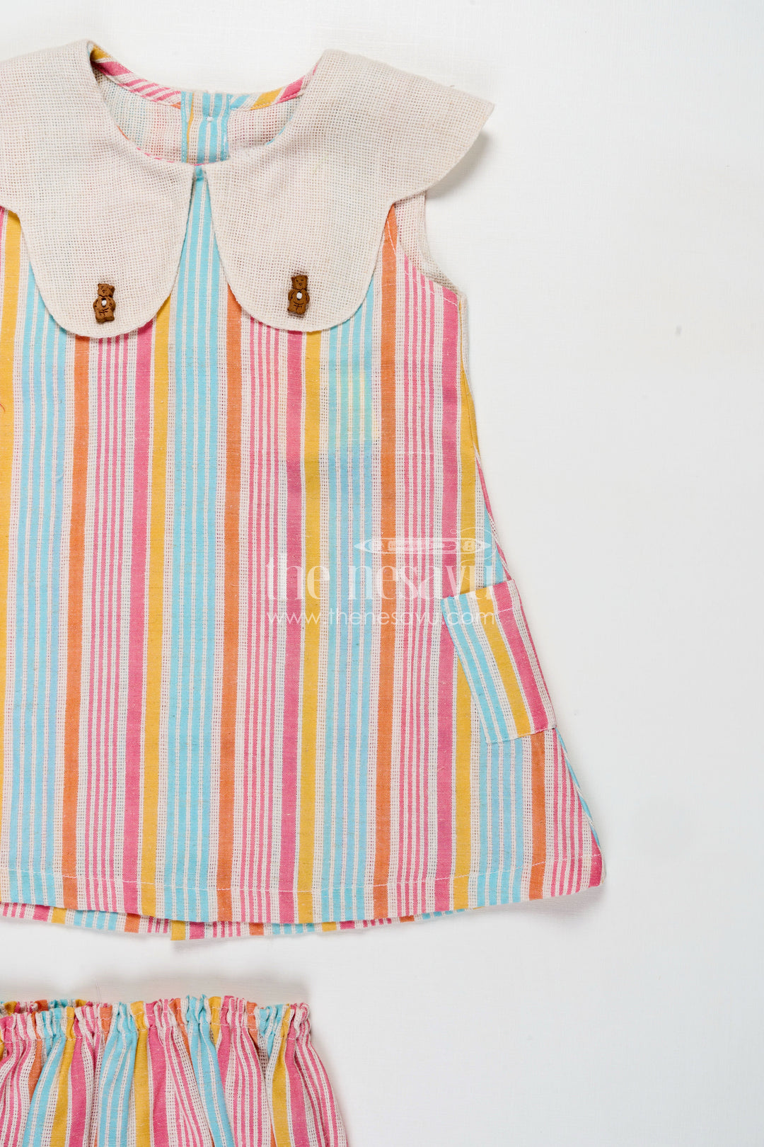 The Nesavu Baby Cotton Frocks Newborn Clothes Set in Multicolor Striped Cotton with Oversized Collar and Playful Design for Baby Girls Nesavu Nesavu Multicolor Striped Cotton Newborn Clothes Set Oversized Collar Matching Bloomers