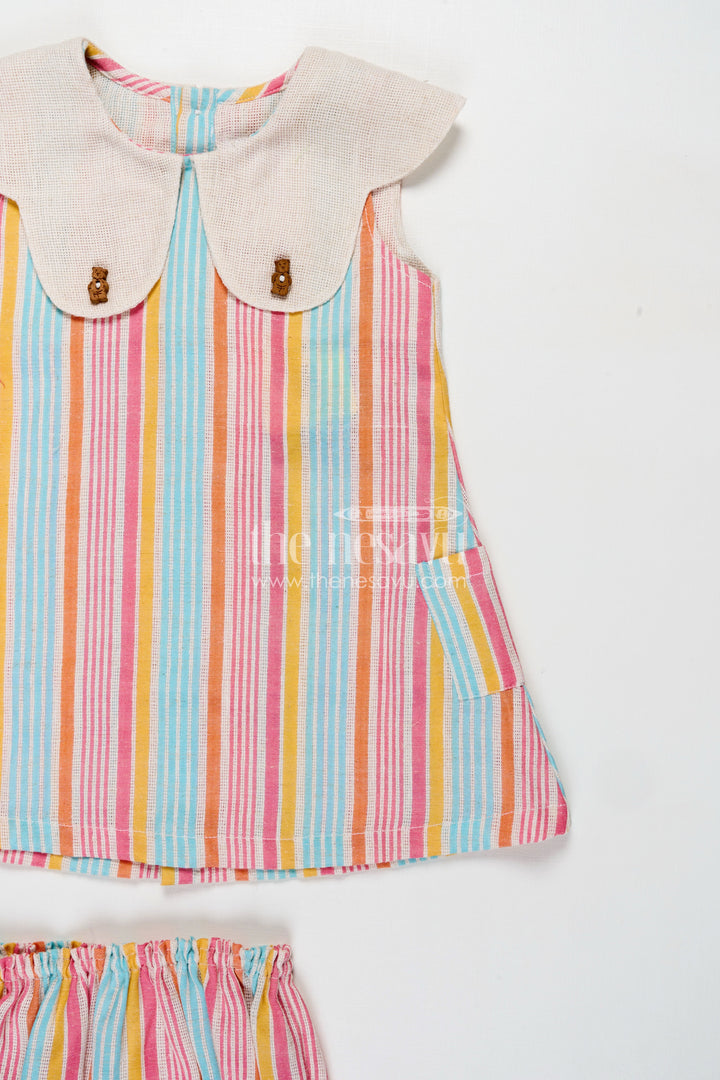 The Nesavu Baby Cotton Frocks Newborn Clothes Set in Multicolor Striped Cotton with Oversized Collar and Playful Design for Baby Girls Nesavu Nesavu Multicolor Striped Cotton Newborn Clothes Set Oversized Collar Matching Bloomers