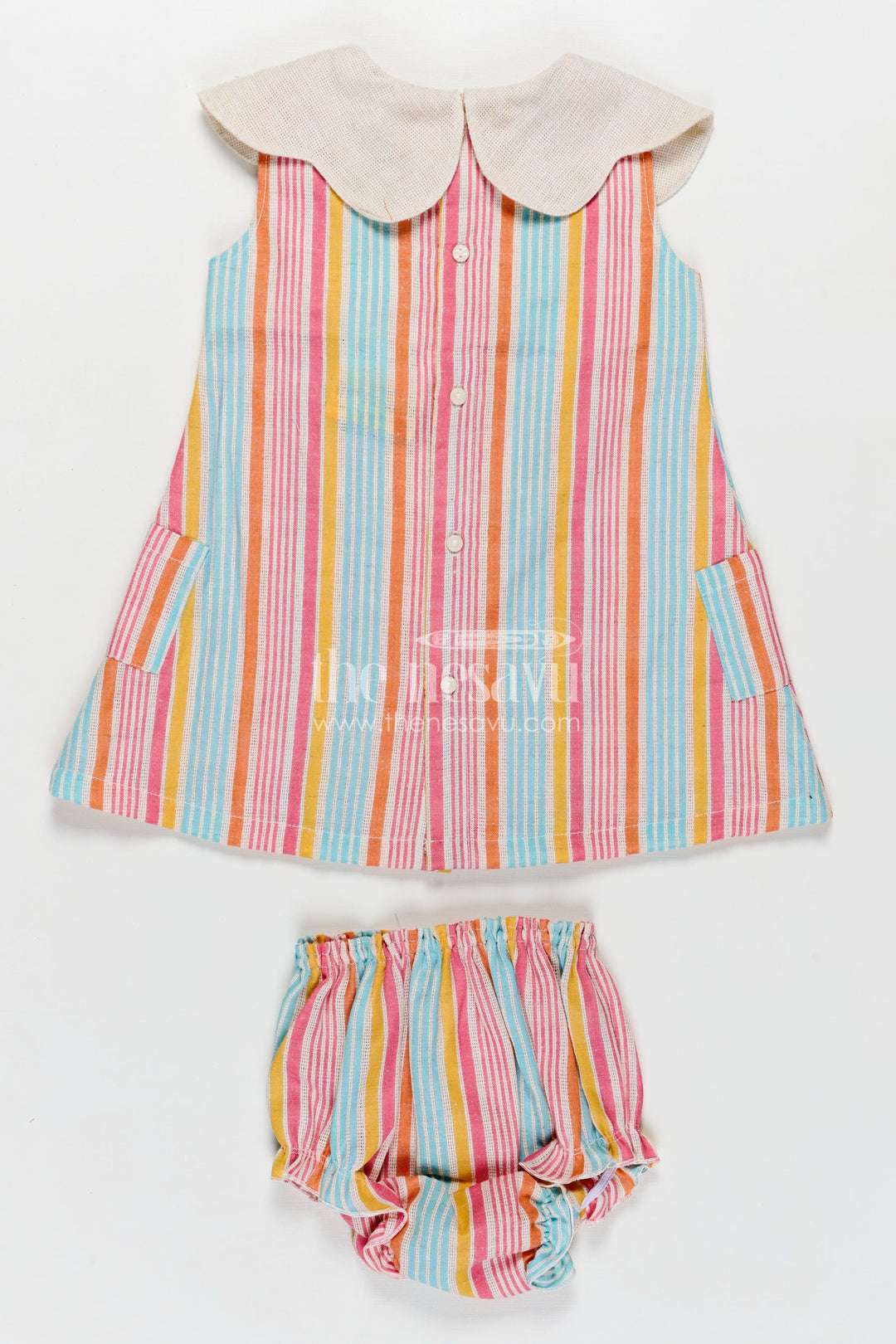The Nesavu Baby Cotton Frocks Newborn Clothes Set in Multicolor Striped Cotton with Oversized Collar and Playful Design for Baby Girls Nesavu Nesavu Multicolor Striped Cotton Newborn Clothes Set Oversized Collar Matching Bloomers