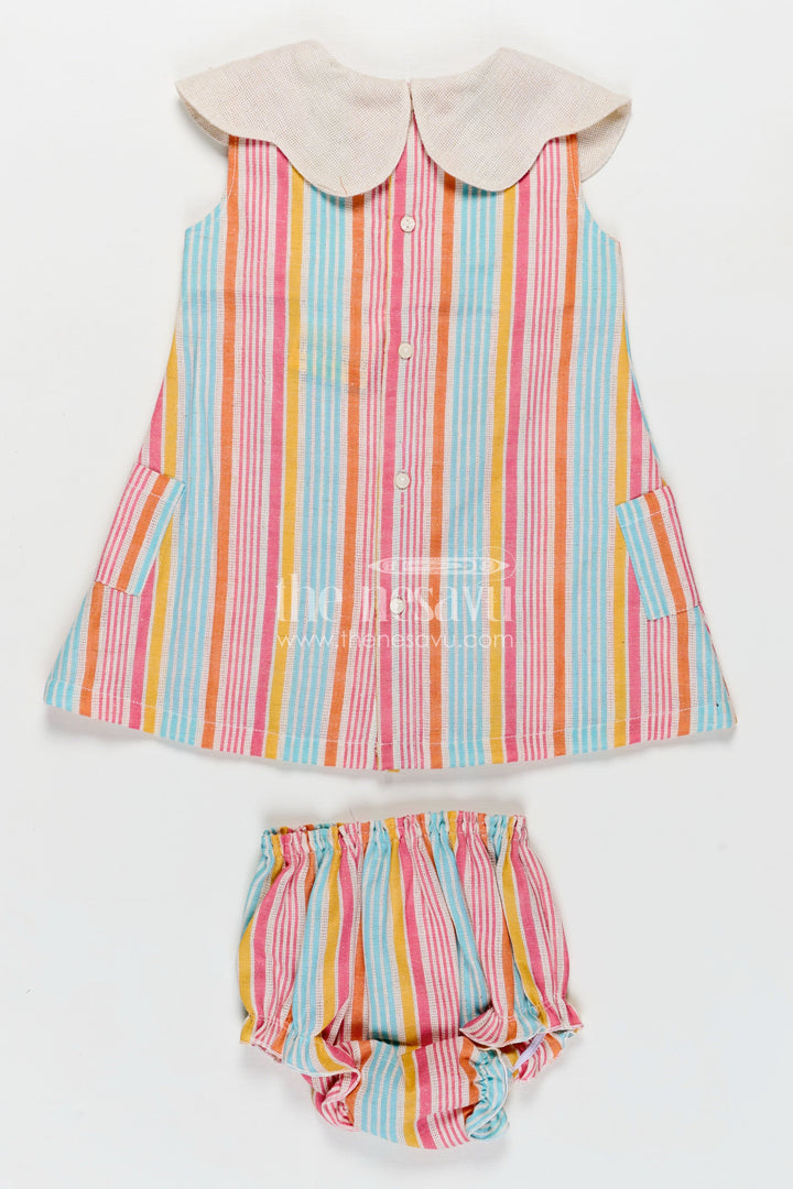 The Nesavu Baby Cotton Frocks Newborn Clothes Set in Multicolor Striped Cotton with Oversized Collar and Playful Design for Baby Girls Nesavu Nesavu Multicolor Striped Cotton Newborn Clothes Set Oversized Collar Matching Bloomers