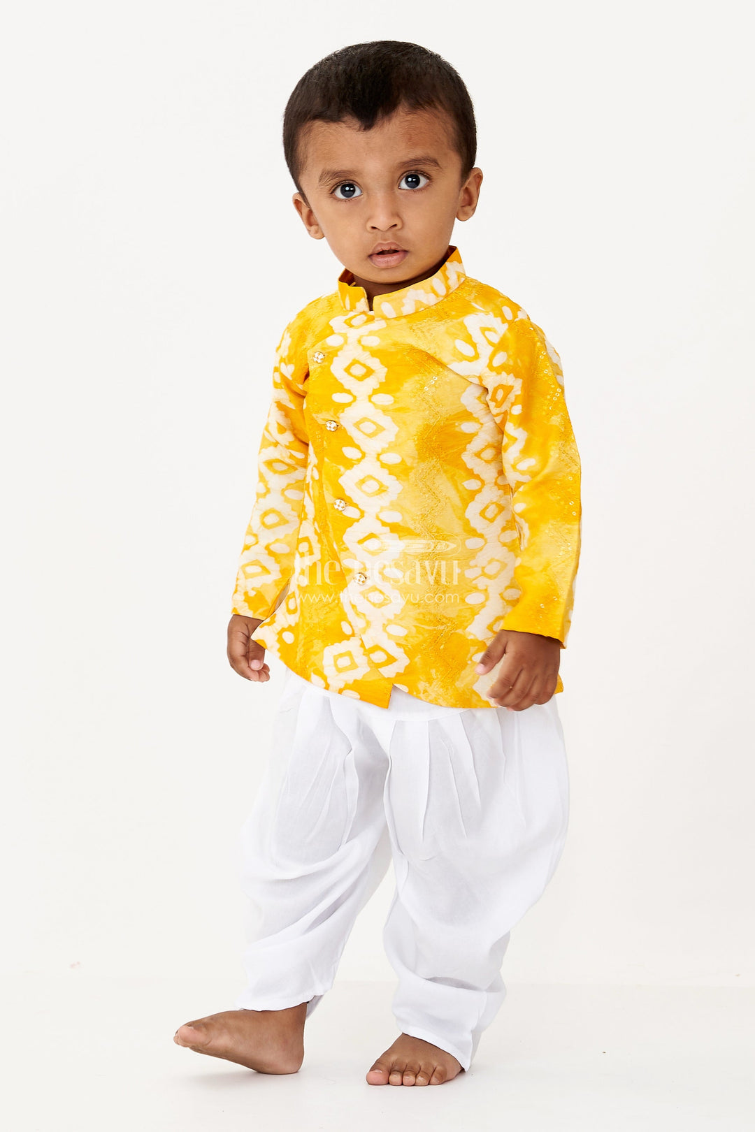 The Nesavu Boys Dothi Set Newborn Dhoti Set in Yellow Batik Chanderi Cotton with Embroidery and Matching Accessories Nesavu 10 (NB) / Yellow BES685A-10 Nesavu Newborn Yellow Dhoti Set Batik Chanderi Cotton Embroidered Jacket Accessories