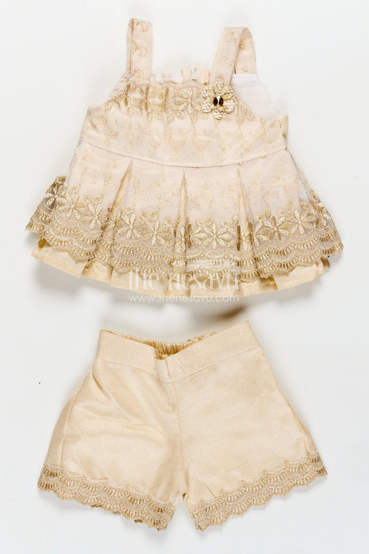 The Nesavu Baby Casual Sets Newborn Dresses Beige Baby Casual Set with Embroidered Soft Net Yoke and Matching Shorts and Headband Nesavu 18 (2Y) / Cream BFJ800A-18 Nesavu Newborn Dresses Three-Piece Beige Baby Set Embroidered Net Top Shorts Matching Headband