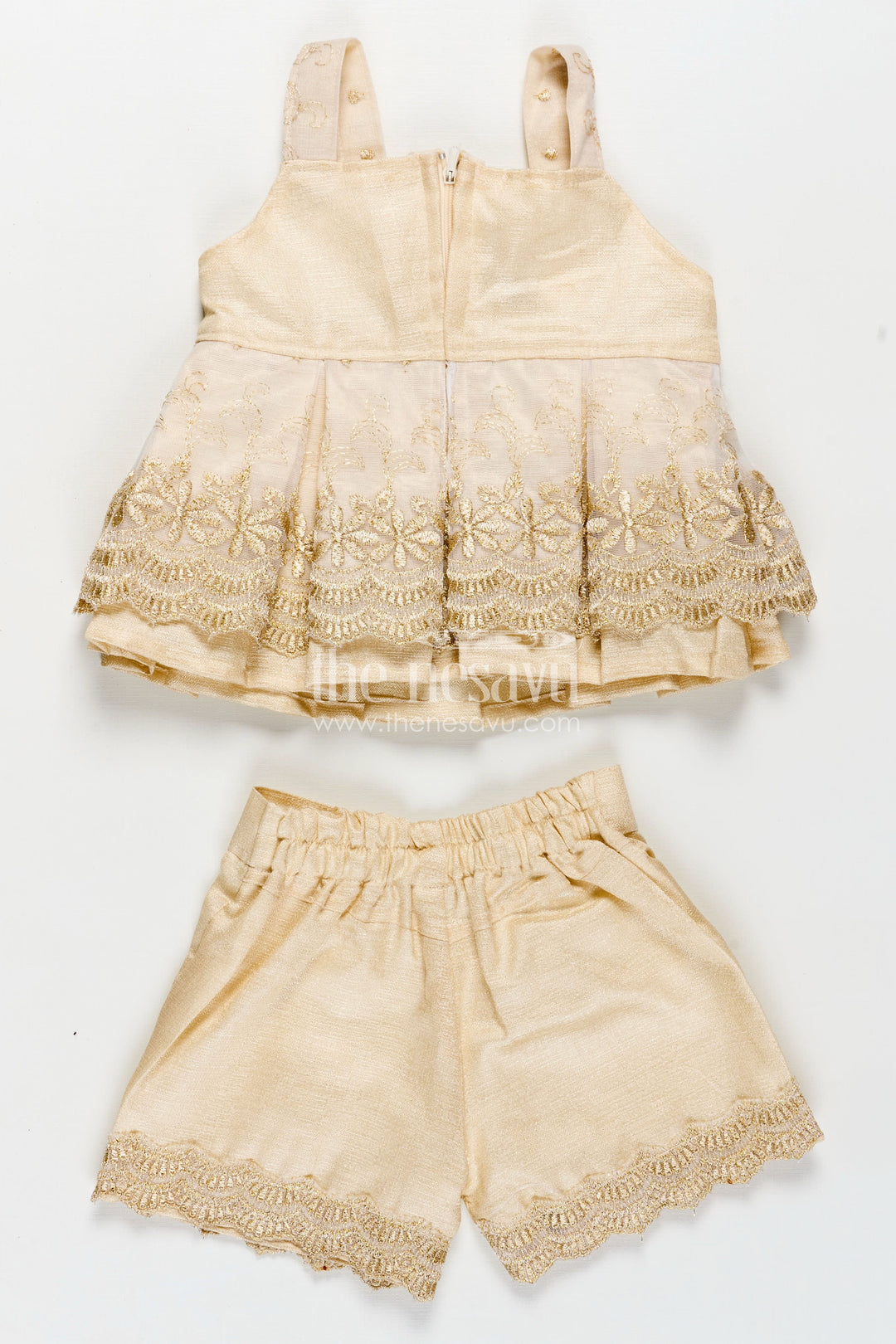 The Nesavu Baby Casual Sets Newborn Dresses Beige Baby Casual Set with Embroidered Soft Net Yoke and Matching Shorts and Headband Nesavu Nesavu Newborn Dresses Three-Piece Beige Baby Set Embroidered Net Top Shorts Matching Headband