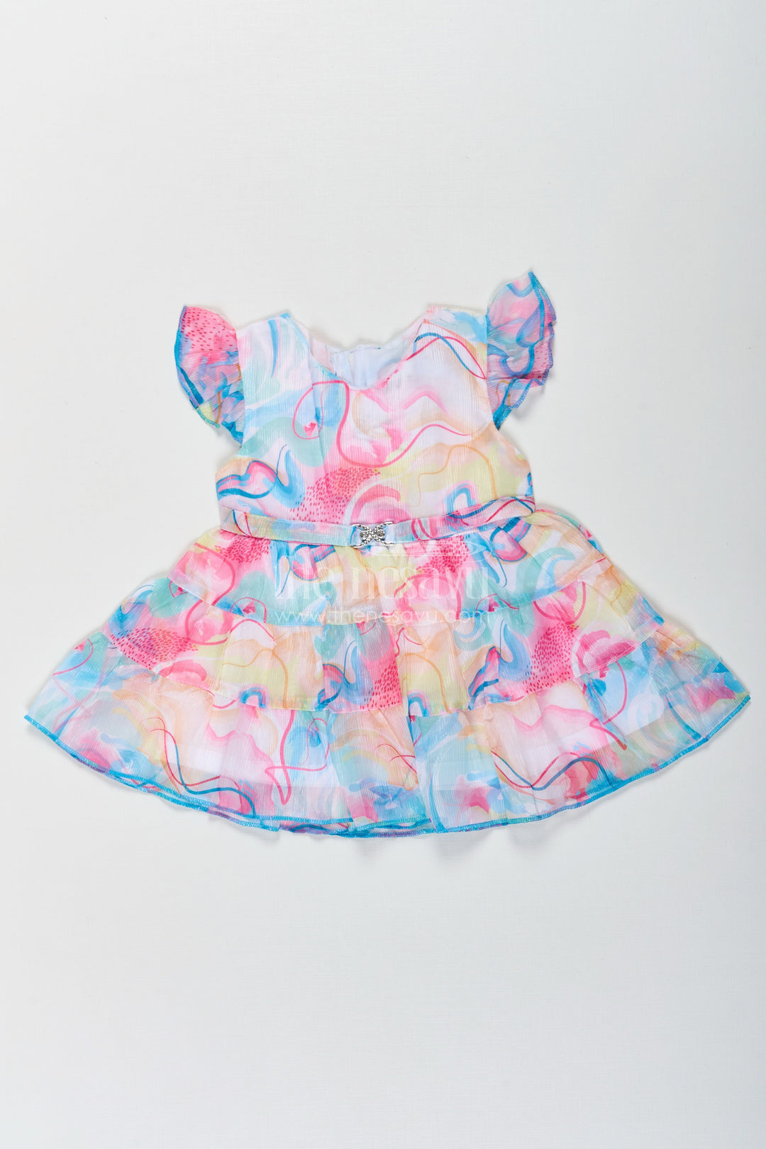 The Nesavu Baby Cotton Frocks Newborn Frock in Soft Georgette with Multicolour Digital Print and Layered Frills for Baby Girls Nesavu 14 (6M) / Blue BFJ765B-14 Nesavu Newborn Frock Baby Girls Georgette Multicolour Digital Print Frilled Layers