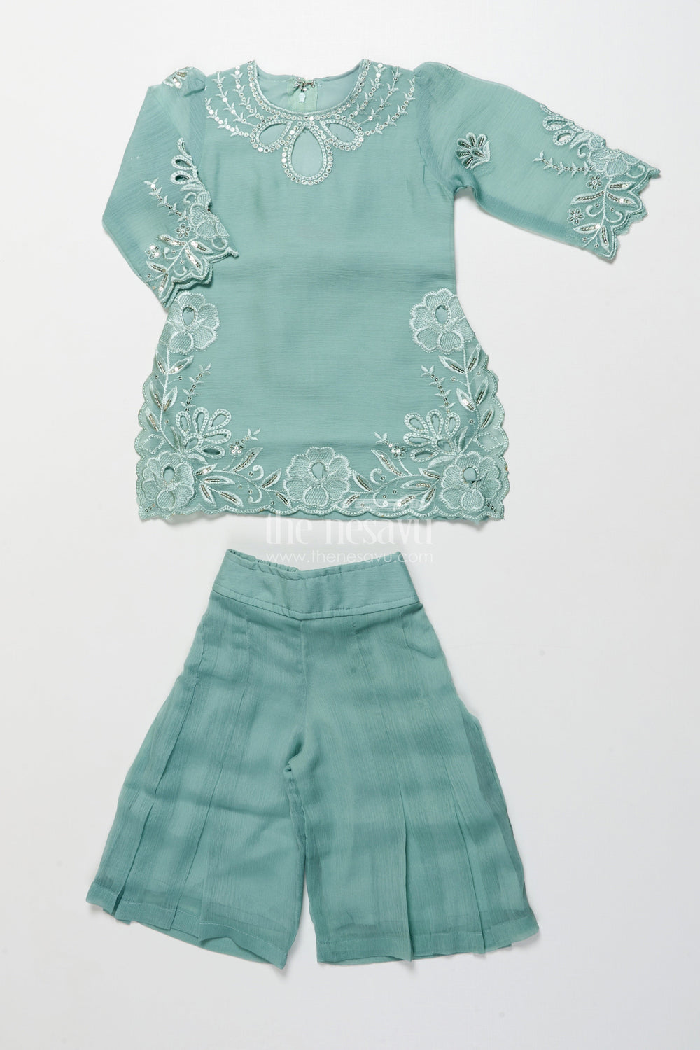 The Nesavu Girls Sharara / Plazo Set Occasion-Ready Organza Sharara Set with Thread Embroidery Detailing Nesavu 14 (6M) / Green GPS878A-14 Nesavu girls festive organza sharara set thread embroidery