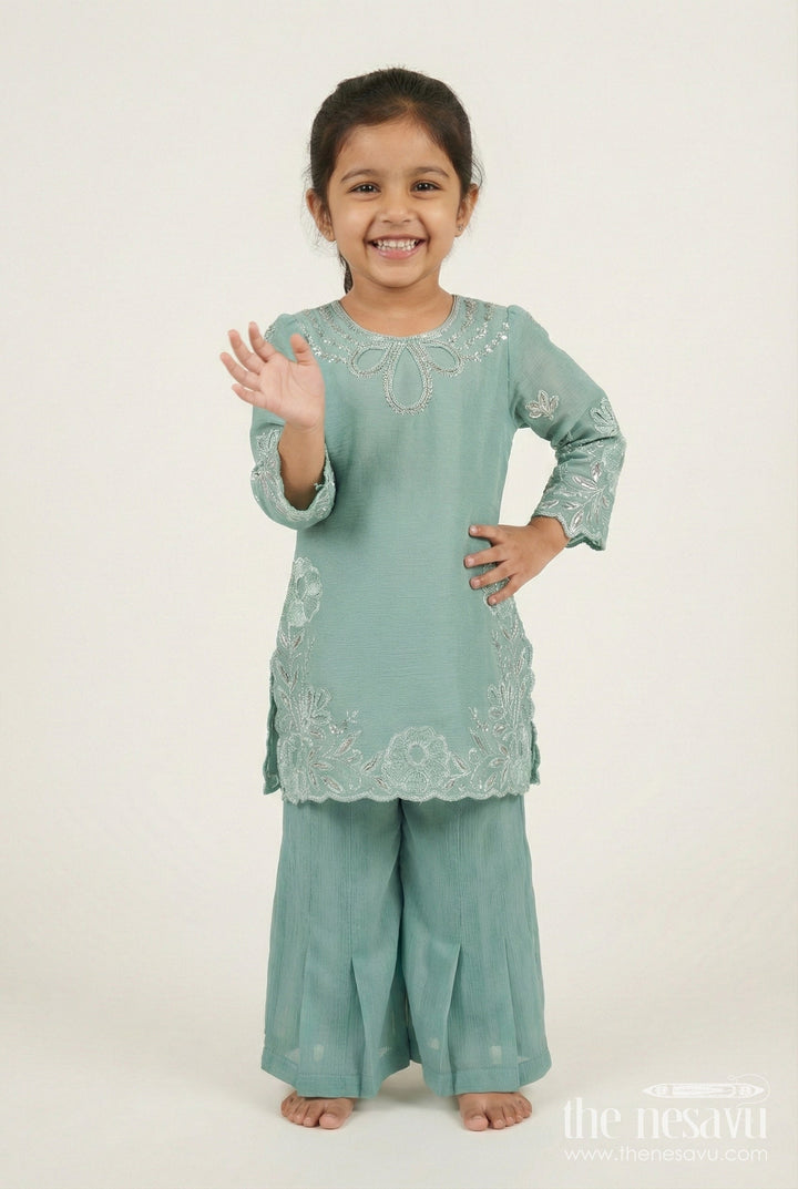 The Nesavu Girls Sharara / Plazo Set Occasion-Ready Organza Sharara Set with Thread Embroidery Detailing Nesavu 14 (6M) / Green GPS878A-14 Nesavu girls festive organza sharara set thread embroidery