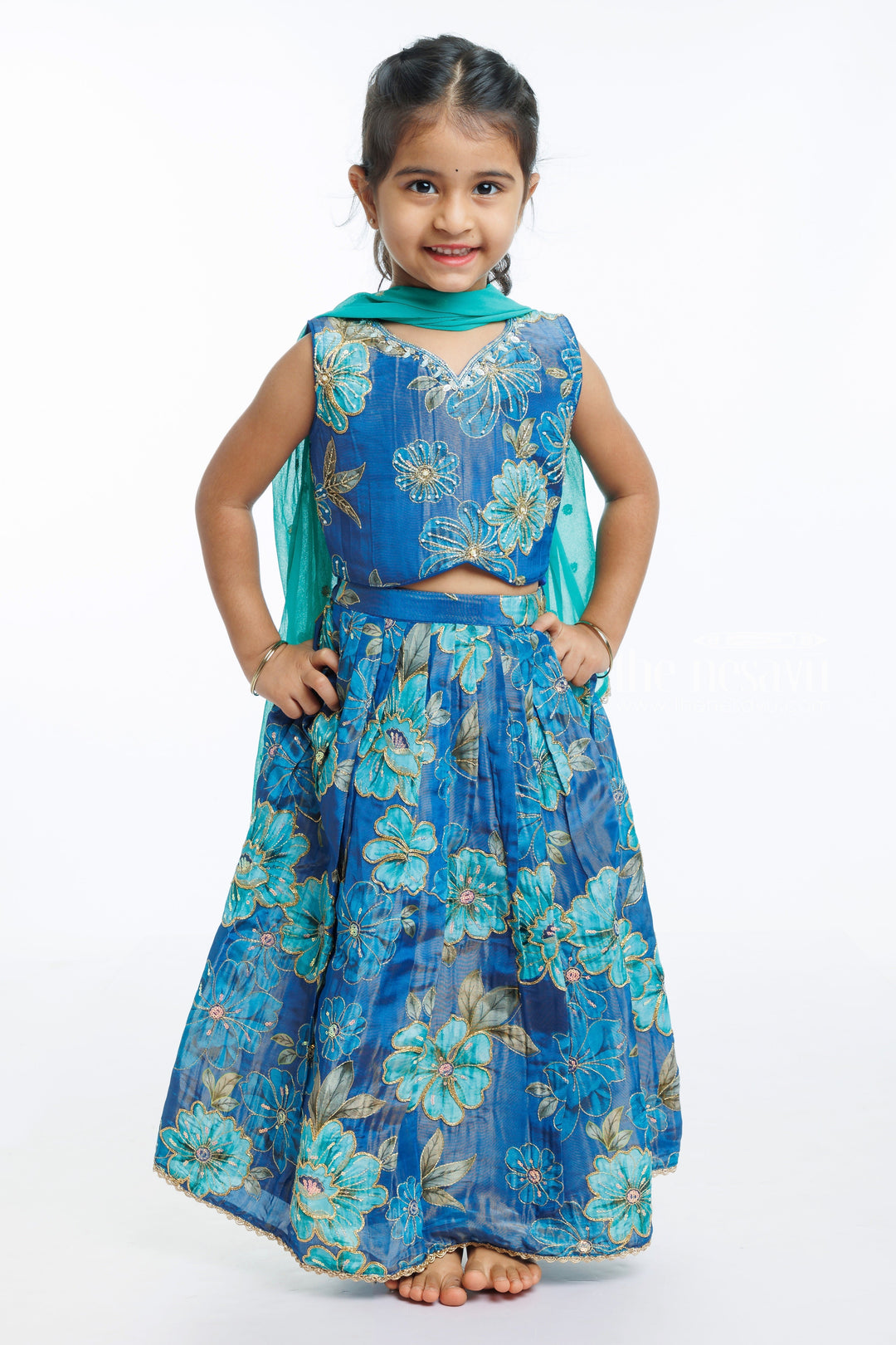 The Nesavu Girls Lehenga Choli Ocean Bloom Designer Ghagra Set for Girls - Festive Finesse & Ethereal Elegance Nesavu 16 (1Y) / Blue / Viscose Silk GL438A-16 Buy Girls Stylish Ghagra Dresses Online | Enchanting Designer Lehenga Choli Set | The Nesavu